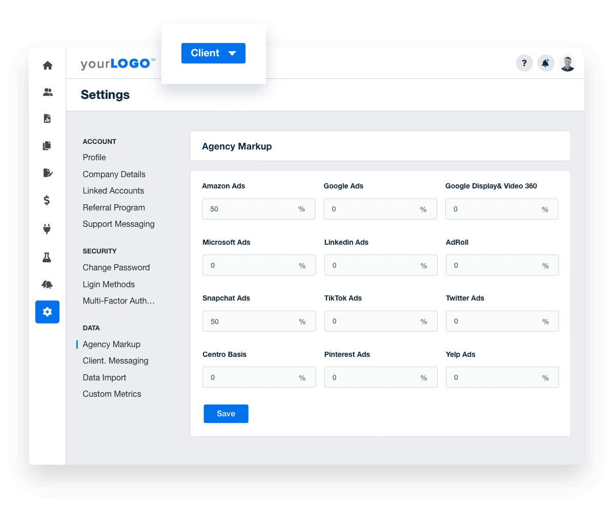 A screenshot of the marketing agency PPC ad spend markup options in AgencyAnalytics A screenshot of the marketing agency PPC ad spend markup options in AgencyAnalytics