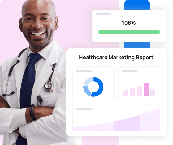 An image of a healthcare practitioner and a stylized version of a healthcare marketing report