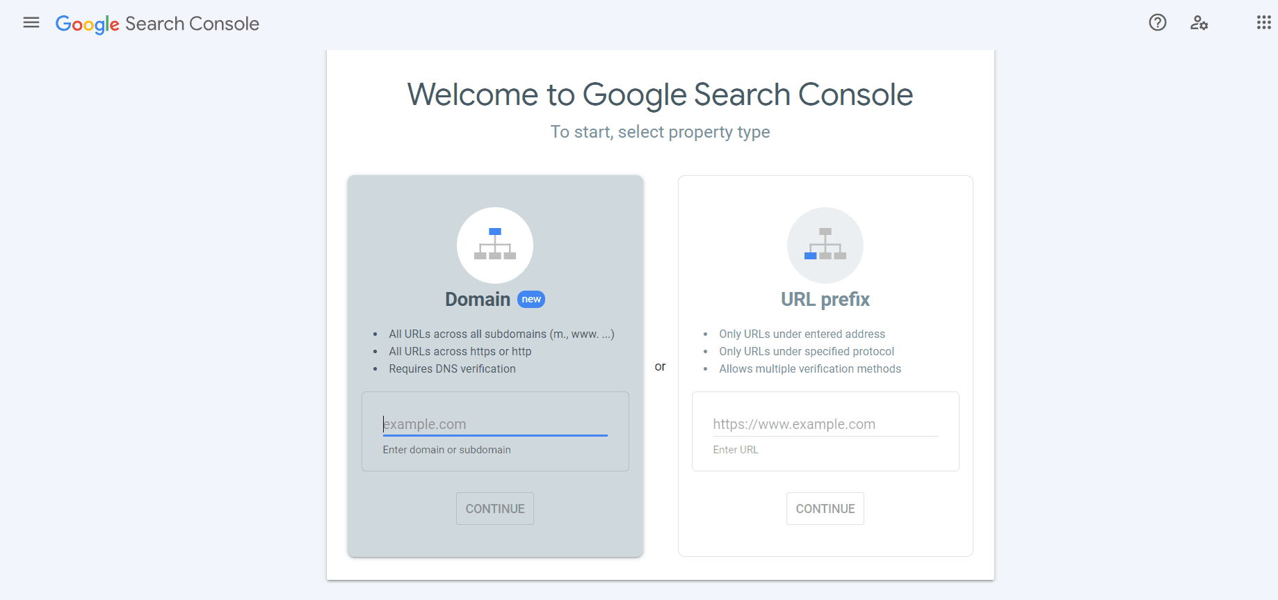 Google Search Console setup screen Google Search Console setup screen