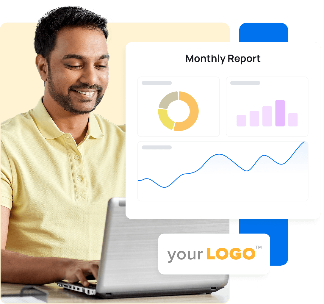 An illustration of a person at a marketing creating a monthly client report
