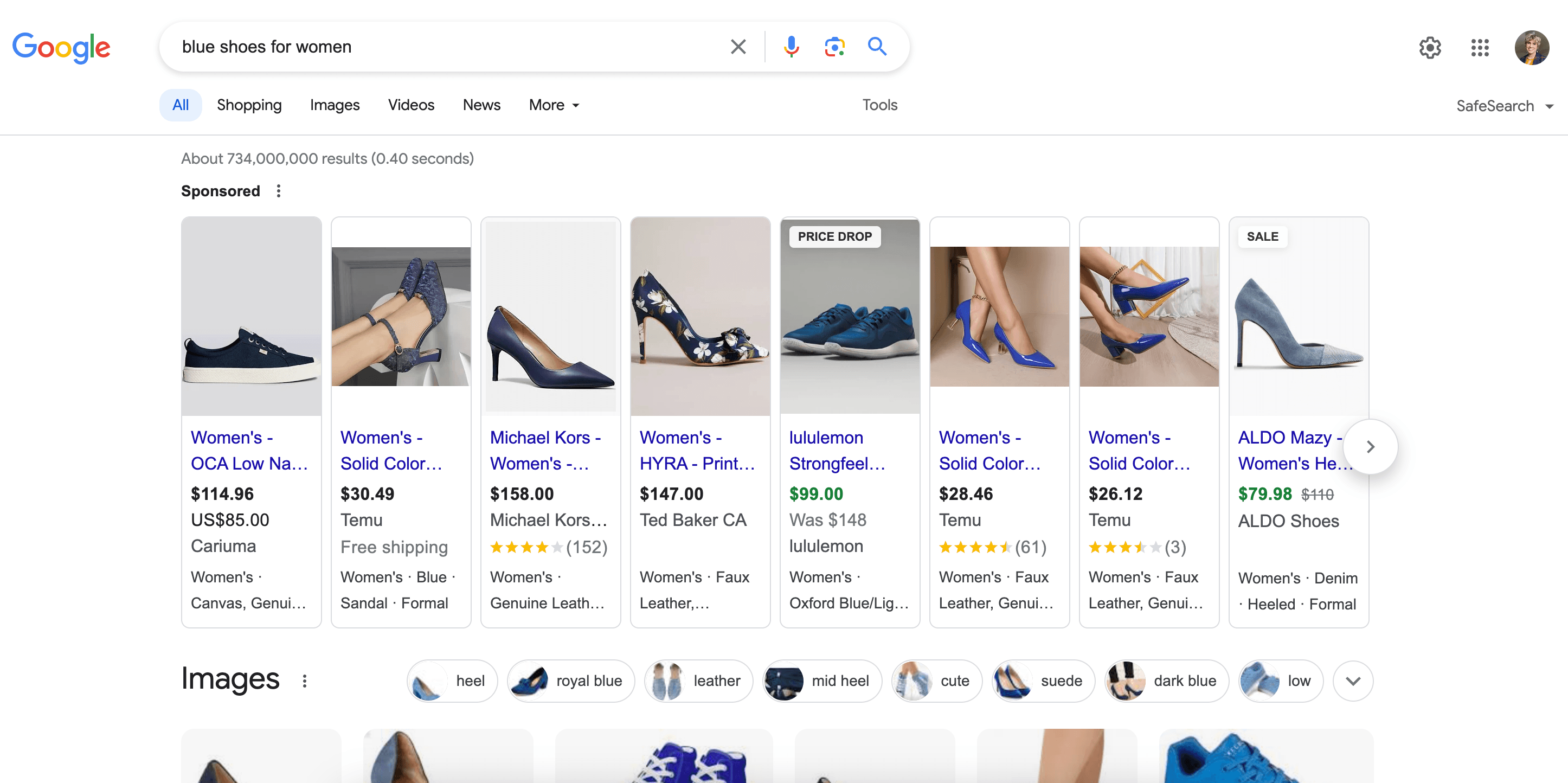 Google SERP shopping results example Google SERP shopping results example