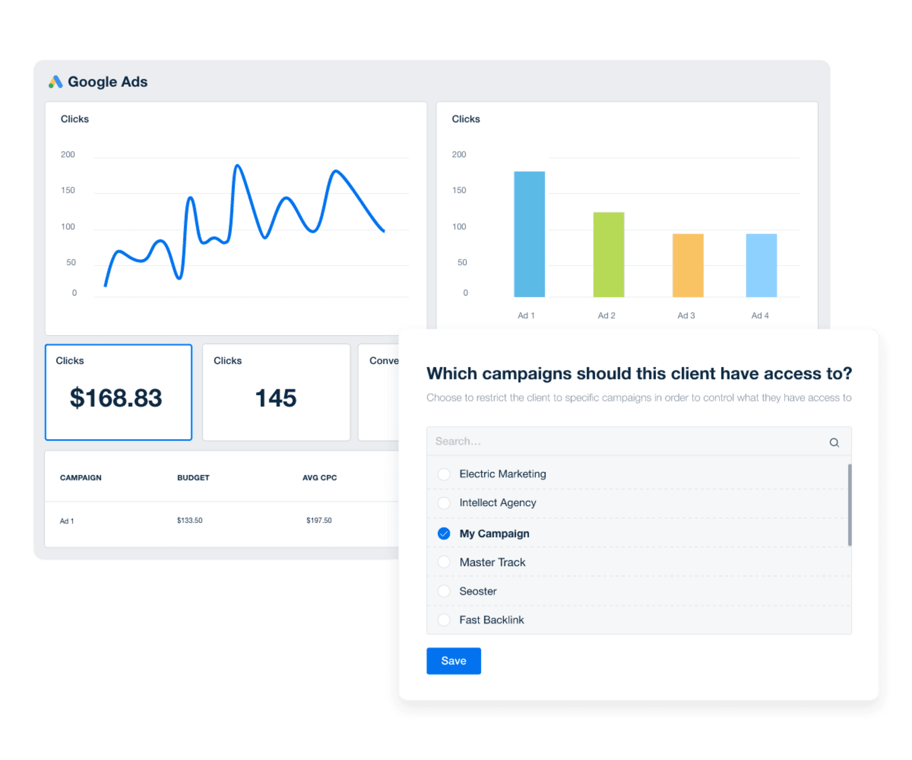 A screenshot of a live PPC dashboard in AgencyAnalytics