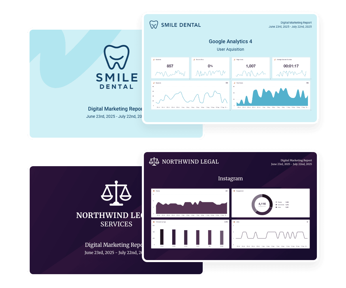 Examples of the client report styling theme options available with AgencyAnalytics
