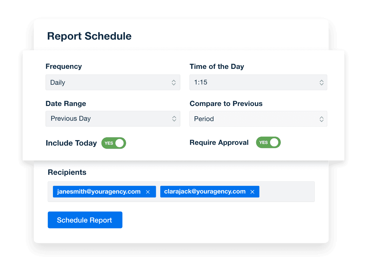 An image showing the automated marketing reports scheduling options.