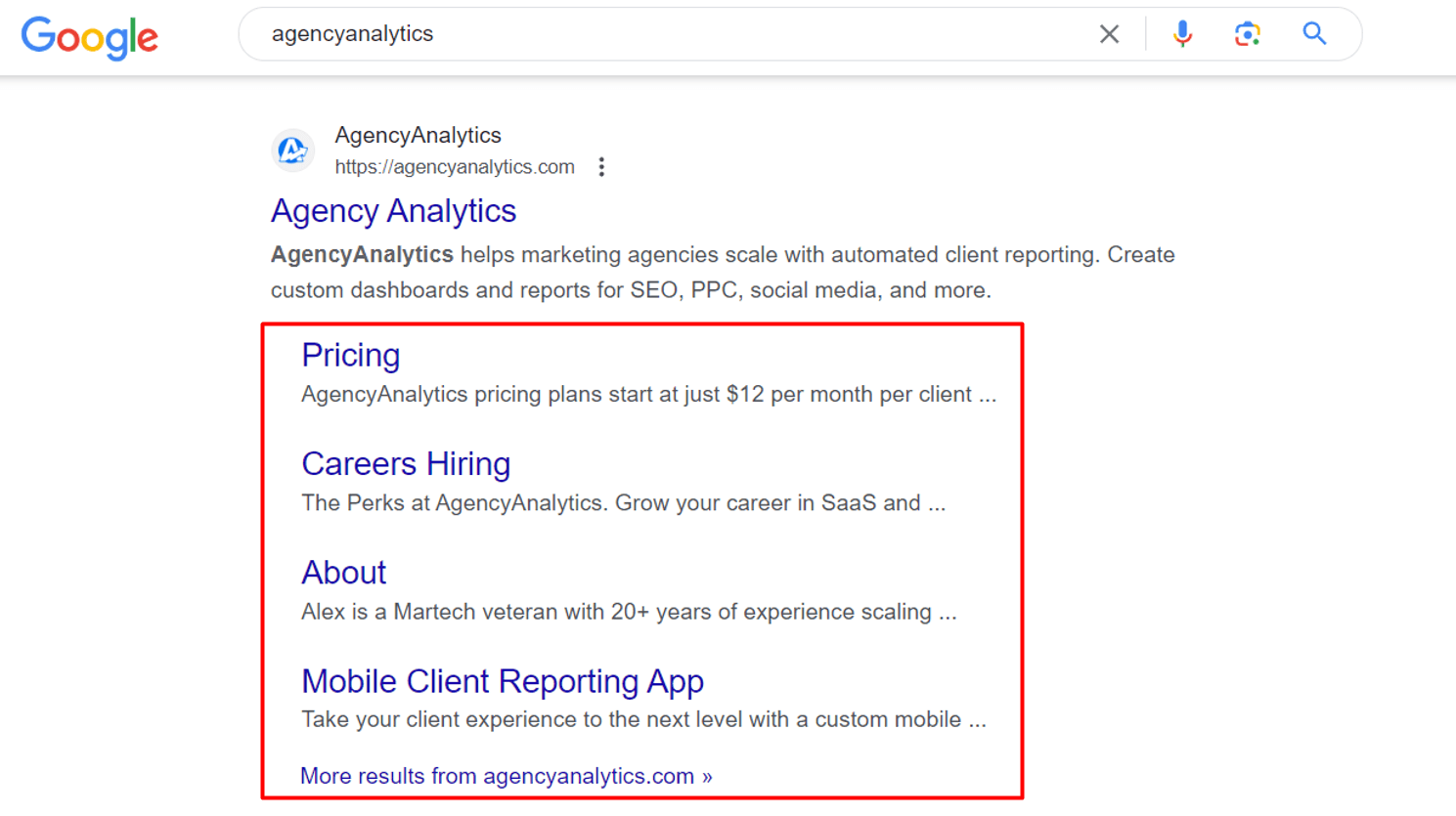 Google SERP sitelink example Google SERP sitelink example